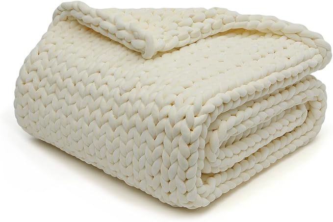 YnM Velvet Weighted Blanket, Handmade Chunky Knitted Design, Soft and Cozy, Temperature Regulating and Breathable, Machine Washable Throw for Sleep or Home Decor (Cream, 80x87 Inch, 25lbs)