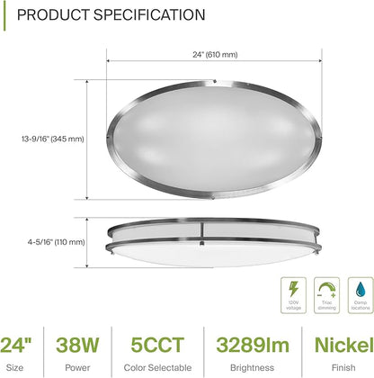 ASD LED 24" Oval Flush Mount Lighting, Close to Ceiling Light Fixture | 5CCT, Dimmable, ETL Listed | 38W 3289LM 2700-5000K 120V | Low Profile Double Ring Lamp | Nickel
