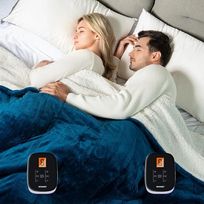 WOOMER Electric Blanket Queen Size 84" x 90", Heated Blanket with 0.5-12 Hours Timer & 10 Heating Levels, ETL Certified, Navy Blue Velvet & White Sherpa, Machine Washable