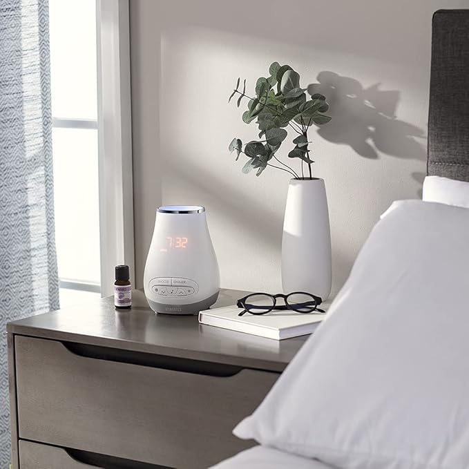 Slumber Scents Alarm Clock, Essential Oil Diffuser & White Noise Machine 6 Soothing Sounds, LED Lights, Auto-Off Timer, Bluetooth Bonus- 3 Essential Oils, Aromatherapy SoundSpa HoMedics