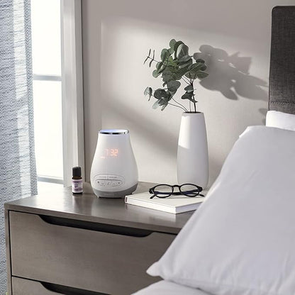 Slumber Scents Alarm Clock, Essential Oil Diffuser & White Noise Machine 6 Soothing Sounds, LED Lights, Auto-Off Timer, Bluetooth Bonus- 3 Essential Oils, Aromatherapy SoundSpa HoMedics