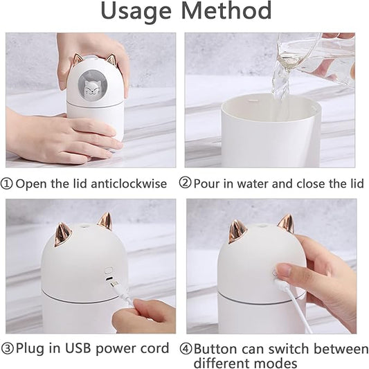 Cute Portable Cool Mist Humidifier with 12 Pcs Sticks & 7 Color Night Light - USB Air Humidifier for Bedroom, Office, Desk, Car, Travel (White + 12 Filter Cotton Sticks)