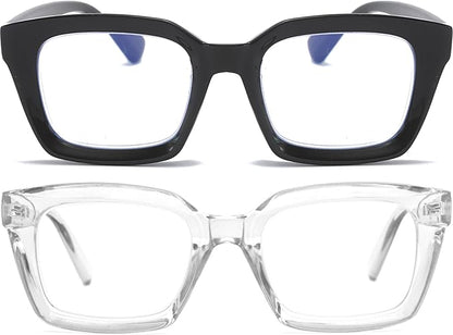 REAVEE 2 Pack Oprah Style Oversized Reading Glasses for Women Men Blue Light Blocking, Ladies Stylish Retro Square Large Computer Readers (Black/Clear 2.25x)