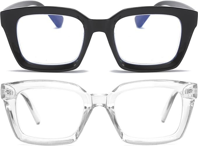 REAVEE 2 Pack Oprah Style Oversized Reading Glasses for Women Men Blue Light Blocking, Ladies Stylish Retro Square Large Computer Readers (Black/Clear 1.75x)