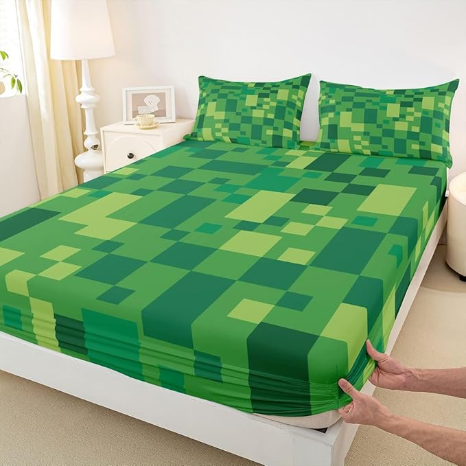Pixelated Check Boys Girls Bed Sheets,Patchwork Grid Video Games Room Decor,Lattice Geometric Abstract Kids Twin Size Fitted Sheet,Green Bedding Set,1 Pillowcase(No Flat)