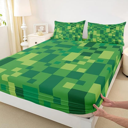 Pixelated Check Kids Full Size Fitted Sheet,Patchwork Grid Video Games Room Decor,Lattice Geometric Abstract Boys Girls Bed Sheets,Green Bedding Set,2 Pillowcases(No Flat)