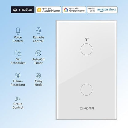 Matter Smart Touch WiFi Light Switch, Glass Panel, Neutral Wire Required, 2.4 GHz, Works with Apple HomeKit, Alexa, Google Home, SmartThings, Remote & Voice Control, Timer/Schedule, 2Gang - 3Pack