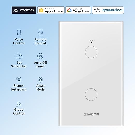 Smart Touch Wall Light Switch with Matter, Tempered-Glass Panel, Neutral Wire Required, Single-Pole, 2.4GHz Wi-Fi, App/Voice Control with Alexa/Google/Apple Home, Timers & Schedules White – 2 Gang