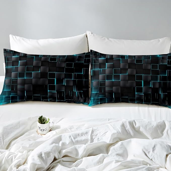 Manfei Abstract Sheet Set Full Size, Modern Geometric Square Grid Bedding Set for Kids Boys Girls Adults, Blue and Black Bed Sheet Set 4pcs with Deep Pocket Fitted Sheet + Flat Sheet + 2 Pillowcases