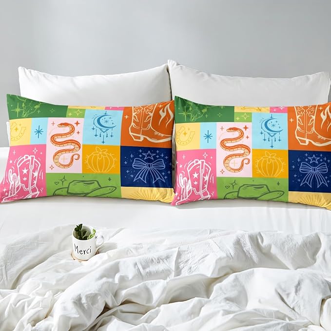 Cowboy Fitted Sheet Set with 2 Pillowcase,American Western Boho Tribal Boots Microfiber Mattress Cover,Gothic Snake Stars Bowknot Colorful Grids Patchwork Bed Cover Queen Size