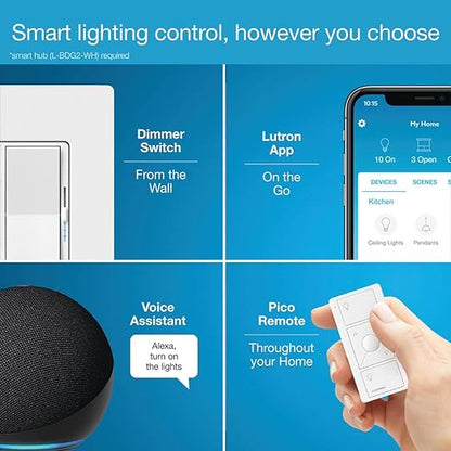 Lutron Diva Smart Dimmer Light Switch for Caseta Lighting (Lutron Smart Hub Required), for LED Lights, 150W, Single-Pole/3-Way, No Neutral, Ivory (DVRF-6L-IV)