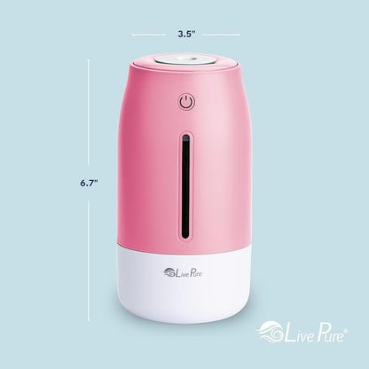 LivePure Cool Mist Humidifiers for Bedroom. Small Humidifier for Babies, Nursery, Plants, Office. Ultrasonic Cool Mist Humidifier w/Quiet Operation, USB-C Rechargeable. Rose Quartz