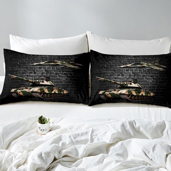 Manfei Tank Sheet Set Full Size, Army Camo Tank Aircraft Bedding Set for Kids Boys Teen Room Decor, Grey Brick Wall Print Bed Sheet Set 4pcs with Deep Pocket Fitted Sheet + Flat Sheet + 2 Pillowcases