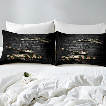 Manfei Tank Sheet Set King Size, Army Camo Tank Aircraft Bedding Set for Kids Boys Teen Room Decor, Grey Brick Wall Print Bed Sheet Set 4pcs with Deep Pocket Fitted Sheet + Flat Sheet + 2 Pillowcases