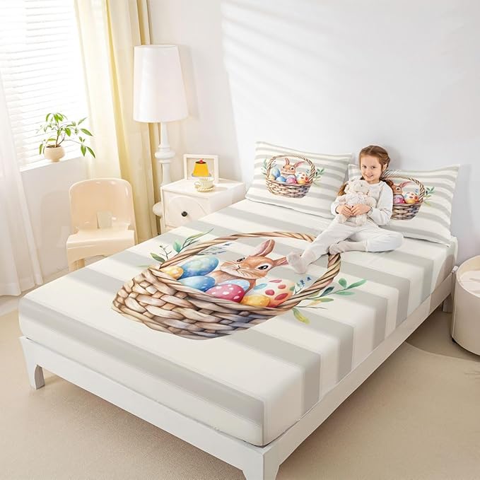 Happy Easter Fitted Sheet Twin Size Cute Rabbit Easter Egg Bedding Set for Kids Bedroom Kawaii Cartoon Animal Bed Sheet Set 2pcs Beige Gray Deep Pocket Mattress Cover,No Top Flat