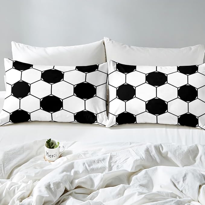 Manfei Football Kids Sheet Set King Size, Black and White Soccer Bed Sheet Set 4pcs (Fitted Sheet, Flat Sheet, 2 Pillowcases), Geometric Hexagon Honeycomb Bedding Set for Boys Teens Room Decor