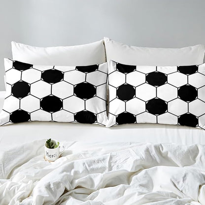 Manfei Football Kids Sheet Set King Size, Black and White Soccer Bed Sheet Set 4pcs (Fitted Sheet, Flat Sheet, 2 Pillowcases), Geometric Hexagon Honeycomb Bedding Set for Boys Teens Room Decor