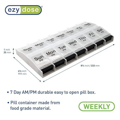EZY DOSE Push Button (7-Day) Pill Case, Medicine Planner, Vitamin Organizer, 2 Times a Day, AM/PM Container, X-Large Compartments, Arthritis Friendly, Easy to Use, Clear Lids, Clear/Black, BPA Free