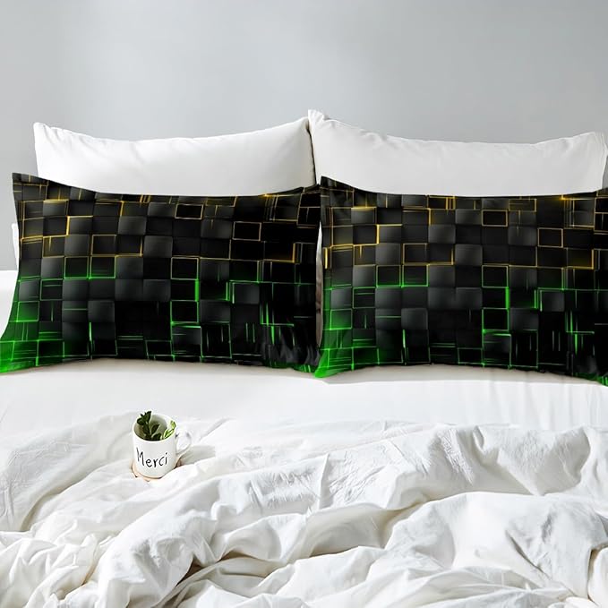 Manfei Yellow and Green Sheet Set Queen Size, Abstract Geometric Grid Bed Sheet Set 4pcs with Deep Pocket Fitted Sheet + Flat Sheet + 2 Pillowcases, Black Square Lattice Bedding Set for Kids Boys Teen