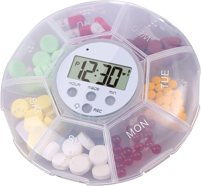 Electronic Pill Dispenser - Timer-Based Pill Reminder Organizer | Voice Recording Weekly Box, 7 Compartment for Supplements, Health Products, Senior Daily Tracking, Voice Recording Function
