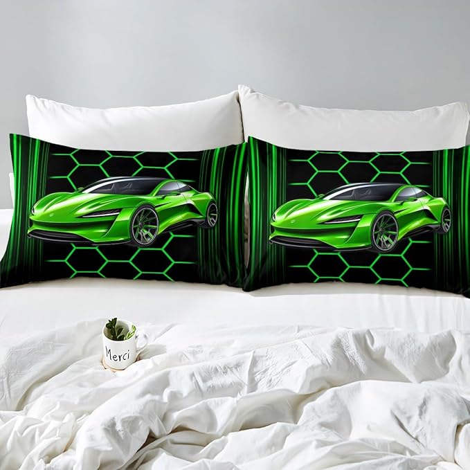 Racing Car Theme Bedding Set Twin Size Honeycomb Geometric Bed Set for Teens Bedroom Decor Kids Sheet Microfiber Extreme Sports Bed Cover(1 Fitted Sheet+1 Pillow Case)