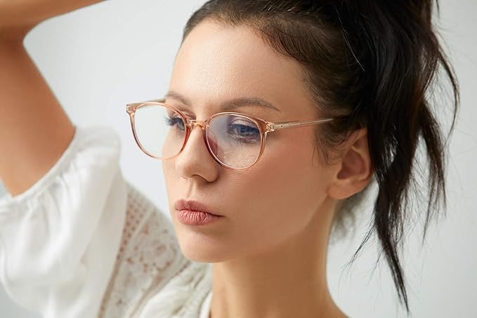 FONHCOO Blue Light Blocking Glasses Women Men Computer Eyeglasses,TR90 Fashion Round Transparent Anti Blue Light Glasses with Anti Eyestrain & UV Glare for Gaming & Reading (Shiny Champagne)