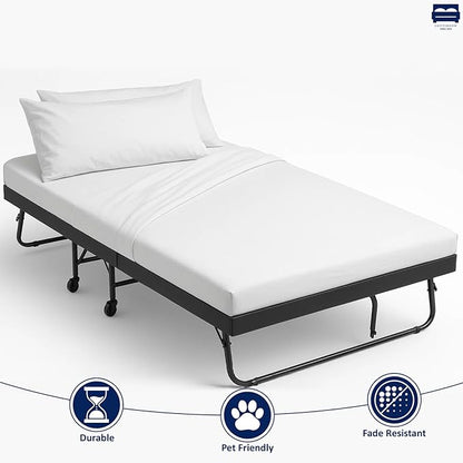 Cottingon 33"x75" Cot Sheet and Pillow Case 4 Piece Set, 100% Egyptain Cotton Soft Bedding Perfect for Rollaway, Folding, Guest Bed Frame, Fits Upto 7" Deep Mattress, White Solid
