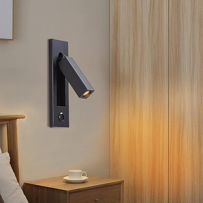 LED Wall Light Bedside Reading Light, with Button Portable Charging Port, Lift Down Control Switch,Hardwire Recessed Unplugged (Black)