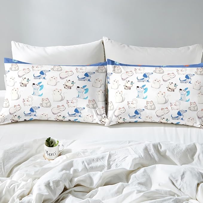 Kawaii Animal Fitted Bottom Sheet Twin Size,Cartoon Cat Puppy Cow Sheet Set Soft Polyester Bedding(No Top Sheet),Watercolor Paw Print Cute Dog Bed Cover(1 Fitted Sheet+1 Pillow Case)