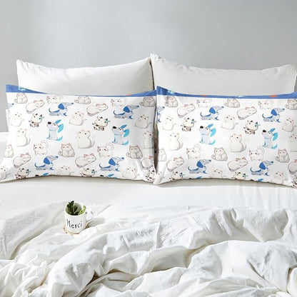 Kawaii Animal Fitted Bottom Sheet Full Size,Cartoon Cat Puppy Cow Sheet Set Soft Polyester Bedding(No Top Sheet),Watercolor Paw Print Cute Dog Bed Cover(1 Fitted Sheet+2 Pillow Cases)