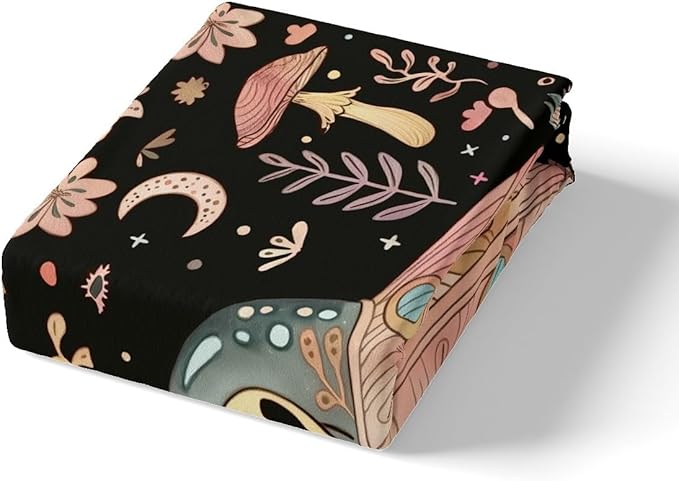 Manfei Alien Black Bed Sheet Set 3 Pieces,Outer Space Spaceship Starry Moon Microfiber Bedding Set Without Flat,Pink Mushroom Nature Botanical Flowers Plants Fitted Sheet,2 Pillow Cases,Full Size