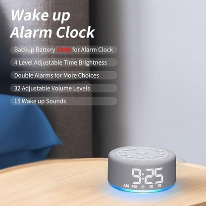 Plug-in Sound White Noise Machine Backup Battery Alarm Clock Brown Noise Machine with Night Light Dual Alarms 30 Sleeping Sounds for Baby Kids Adults 36-Level Vol 5 Timers 15 Wake Up Sounds & Memory