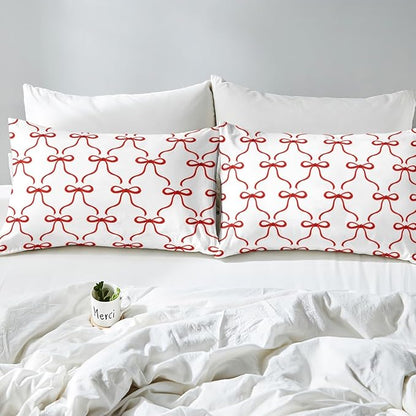Red Bowknots Fitted Sheet Queen Size,Dreamy Bow-tie Ribbon Geometric Soft Bed Cover(1 Fitted Sheet+1 Pillow Case),Princess Fairy Tale Theme Red and White Breathable Mattress Cover