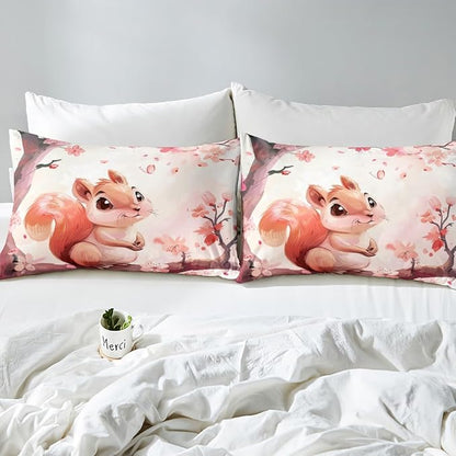Lovely Squirrel Kids Fitted Sheet Twin Size,Japanese Ukiyo-e Cherry Blossom Bedding Set,Girls Women Room Decor,Cartoon Jungle Animal Rustic Bed Cover,Brown Pink Bed Sheet,1 Pillowcase