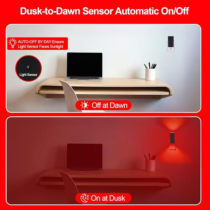 670nm Red Light Night Light for Sleep - Zero Blue Light, Adjustable Brightness & Energy Efficient Night Light Plug into Wall with Dusk-to-Dawn Sensor for Nursery, Bedroom, Bathroom[4 Pack]