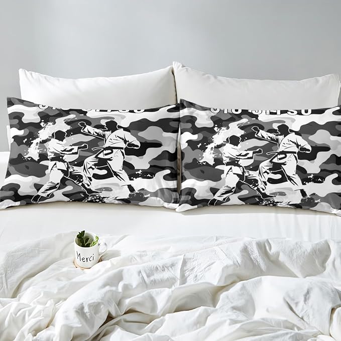 Manfei Jiujitsu Fitted Sheet Full Size, Japanese Judo Sports Theme Bedding Set 3pcs, Grey Camouflage Print Bed Cover with 2 Pillowcases, Kids Boys Teen Room Decor, Soft Bedding(No Top Sheet)