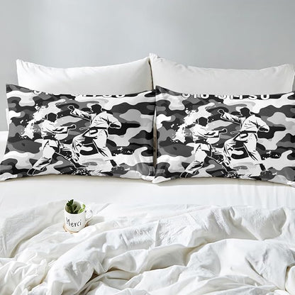 Manfei Jiujitsu Fitted Sheet Full Size, Japanese Judo Sports Theme Bedding Set 3pcs, Grey Camouflage Print Bed Cover with 2 Pillowcases, Kids Boys Teen Room Decor, Soft Bedding(No Top Sheet)