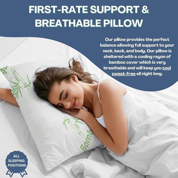 Memory Foam Rayon Bamboo Pillows Queen Size Set of 2 for Sleeping [Adjustable] - Cool & Breathable Cover with Zipper Rayon Bamboo Pillowcase - Relieves Neck Pain - Back/Stomach/Side Sleeper