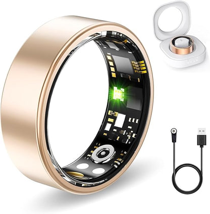 Smart Rings for Women Men, Fitness Ring with Heart Rate, Blood Oxygen, HRV, Pressure, Sleep Tracker, Step Tracker, No Subscription Fee, IP68 Waterproof Smart Ring for iPhone & Android (Gold 12#)