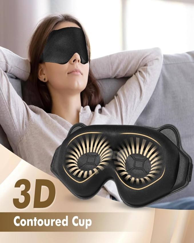 3D Contoured Sleep Mask for Side Sleepers & Travel – 100% Light Blocking Cat-Eye Design, 20mm Deep Eye Cavity & Adjustable Headband | Black Sleep Mask with Earplids, Gift Card & Pouch (Black)