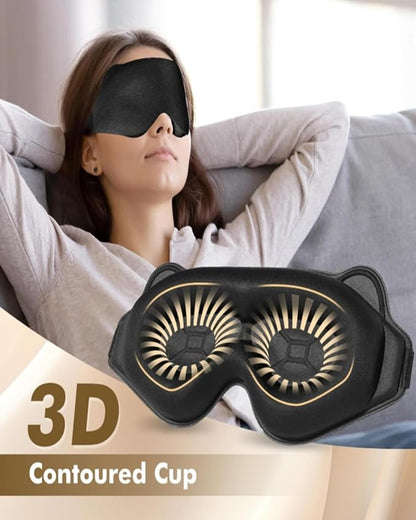 3D Contoured Sleep Mask for Side Sleepers & Travel – 100% Light Blocking Cat-Eye Design, 20mm Deep Eye Cavity & Adjustable Headband | Black Sleep Mask with Earplids, Gift Card & Pouch (Black)