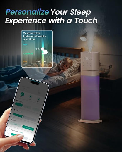 Smart Humidifier Large Room, 2.1Gal/8L Humidifiers for Bedroom with Extended Tube&Night Light, Whole House Cool Mist Humidifiers, WIFI App&Voice Control, Home/Kids/Baby, Pale Pink