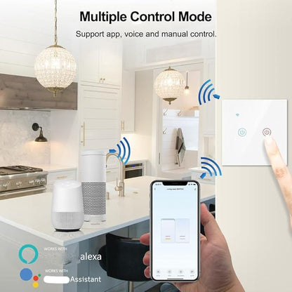 Tuya Smart WiFi Touch Light Switch EU No Neutral Wire Required Compatible with Voice Control White 1 Gang