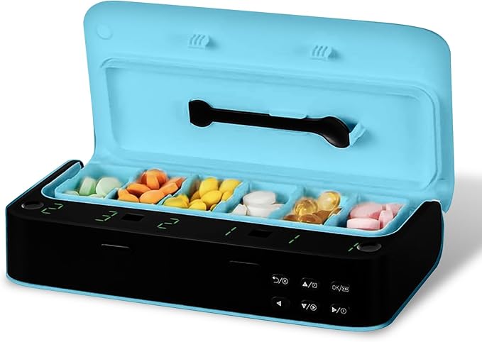 Rechargeable Pill Dispenser - Blue - Adjustable Pill Organizer Medicine Dispenser Weekly Travel Pill Organizer