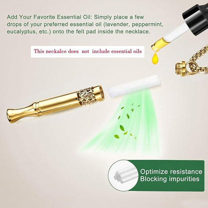 Anxiety Relief Pendant Mindfulness Breathing Necklace - Essential Oil Diffuser & Personal Inhaler Aromatherapy Necklaces for Women & Men (Gold)