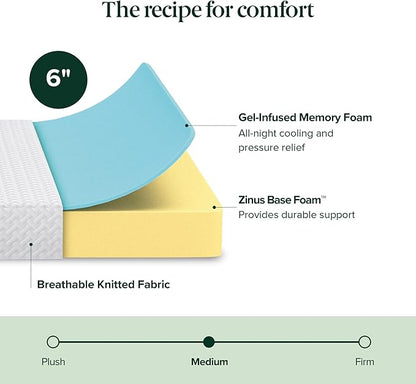 Zinus 6 Inch Queen Cooling Essential Memory Foam Mattress [NewVersion], Fiberglass Free, Medium Feel, Breathable Cooling Layers, Certified Safe Materials