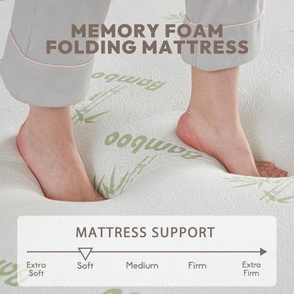 SINWEEK Memory Foam Folding Mattress, 4 Inch Foldable Trifold Mattress Topper, CertiPUR-US Certified Guest Bed with Cooling Cover & Waterproof Lining
