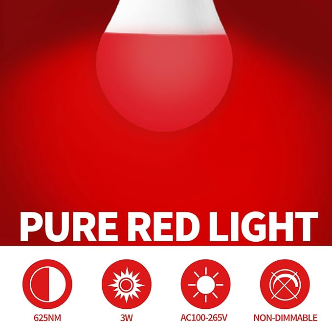 625nm Red Light Bulbs for Sleep, 3W 100% Blue Light Block Light Bulbs that Mimics the Natural Tones of Sunset, Promote Melatonin Production, Relieve Stress, Perfect for Baby's Bedroom, Sleeping, 3PK
