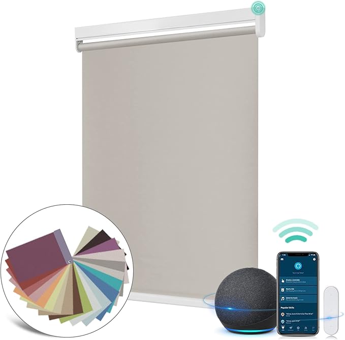 Allesin Motorized Roller Shade Work with Alexa for Window, 100% Blackout Smart Shades Cordless with Remote Control, Electric Automated Blinds for Window, Customized Size for Smart Home (Grey Beige)