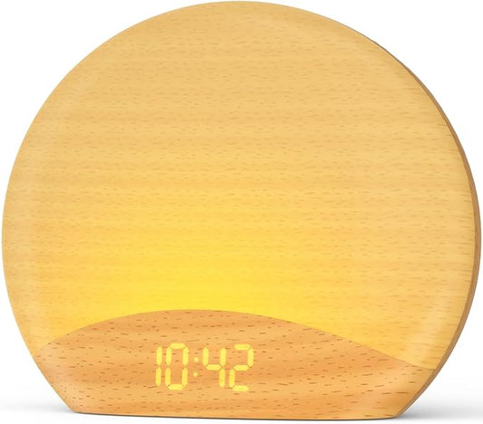 HOUSBAY Sunrise Alarm Clock for Bedroom – Natural Wake-Up Light, FM Radio & Bluetooth Speaker, Wood-Inspired Design, Dimmable Night Light for Adults & Phone-Free Mornings